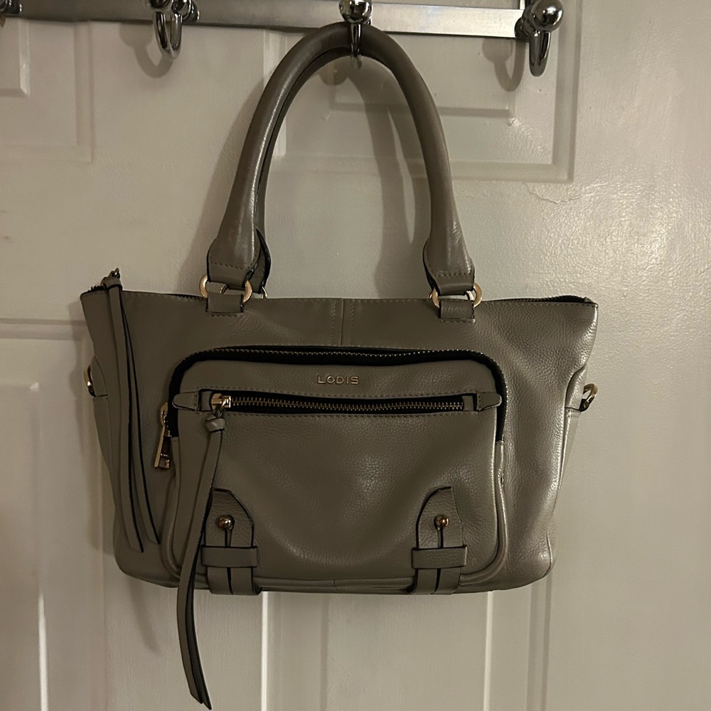 Lodis Ellie Taupe Tan Leather Satchel Tote Gold Hardware